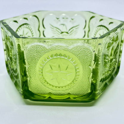 Vintage Green Hexagon Colony Indiana Glass Candy Dish With Eagles & Stars 5” TF5