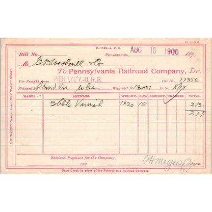1900 Pennsylvania Railroad RR Company Way-Bill AD8