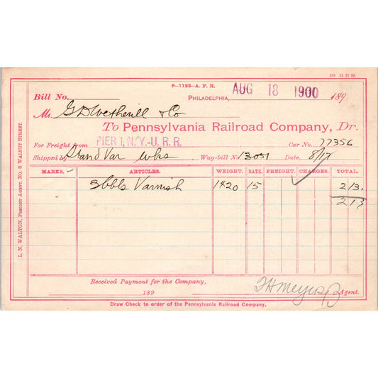 1900 Pennsylvania Railroad RR Company Way-Bill AD8