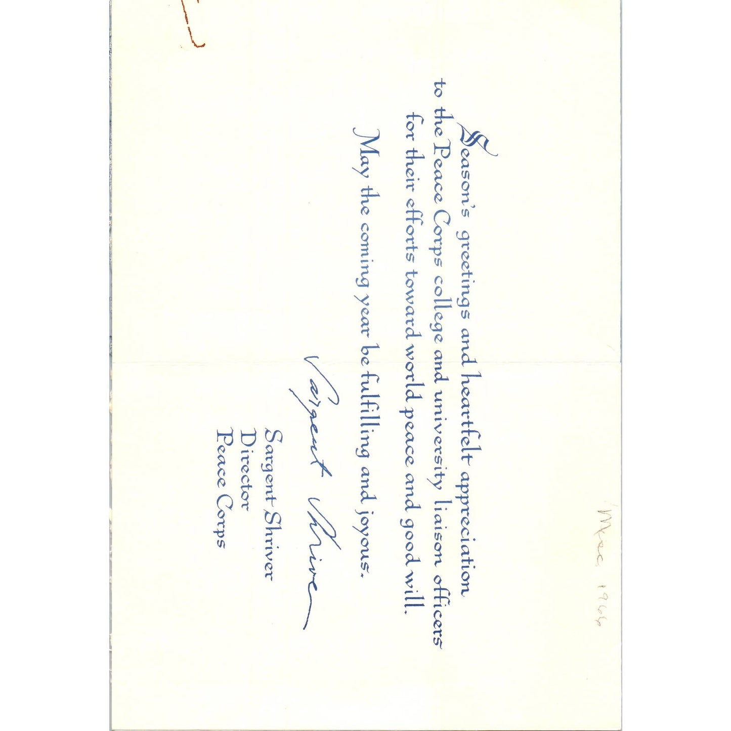 Peace Corps Corps Christmas Card Sargent Shriver 1966 TK1-P6