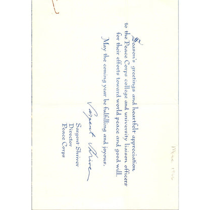 Peace Corps Corps Christmas Card Sargent Shriver 1966 TK1-P6
