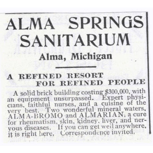 Alma Springs Sanitarium Resort Alma MI  - 1903 Original Ad TJ7-S9