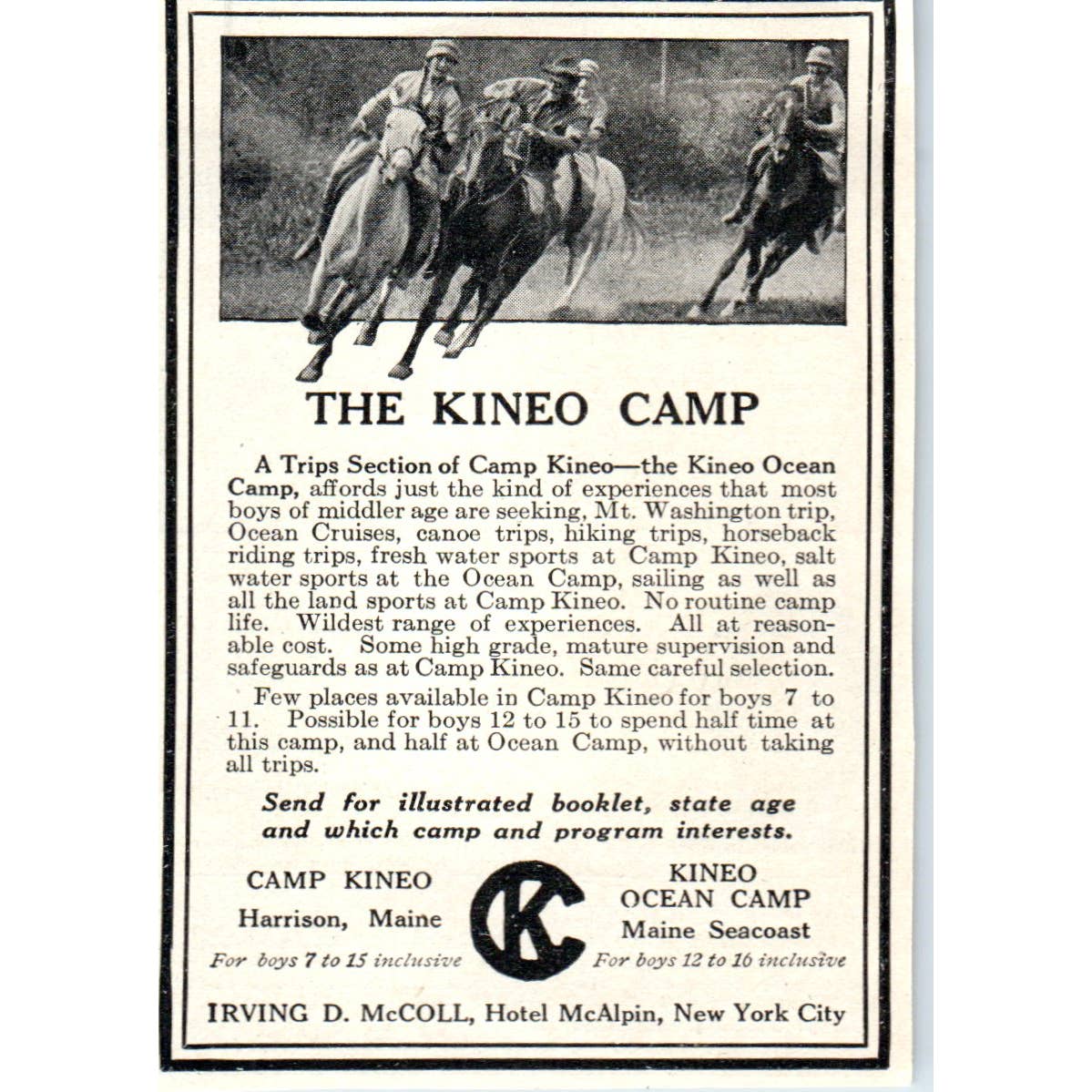 The Kineo Camp Harrison Maine Irving D. McColl - 1921 Original Ad TJ7-S