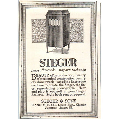 c1920 Harper's Magazine Ad - Steger Phonograph Player Steger & Sons IL EA3-4