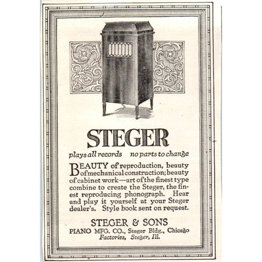 c1920 Harper's Magazine Ad - Steger Phonograph Player Steger & Sons IL EA3-4