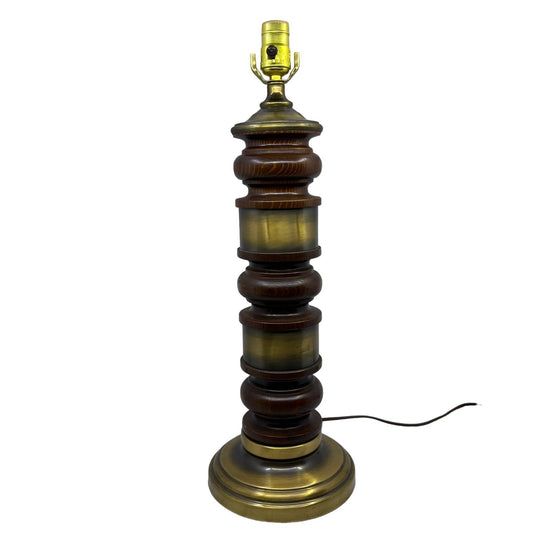 Retro Turned Oak Wood and Brass Electric Table Lamp w/ Harp & Finial WORKS 20"