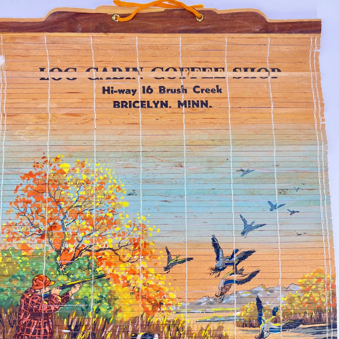 Bamboo Advertising Banner Log Cabin Coffee Shop Bricelyn MN Hunting Scene SD4