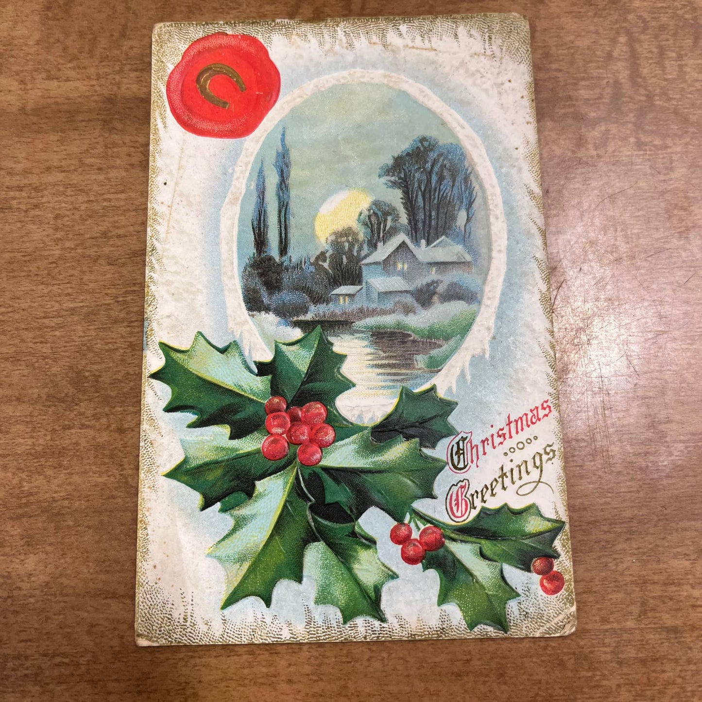 c1910 Embossed Gold Horseshoe Holly Country Christmas Greetings Postcard PA2