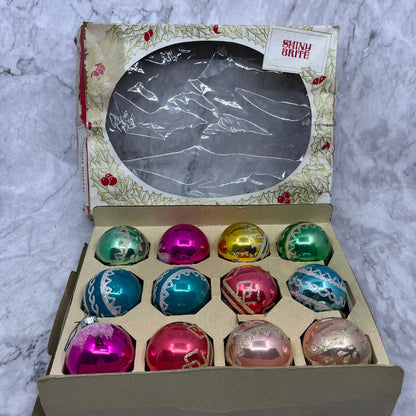 Shiny Brite 12 Vtg 2 1/4" Mercury Glass Ornaments Original Box Mica Stencil OT1