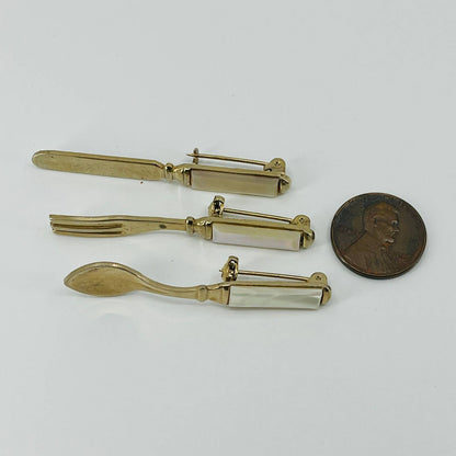 1930s Brooch Set Fork Knife Spoon Faceted Mother of Pearl Handles Gold Tone SA6