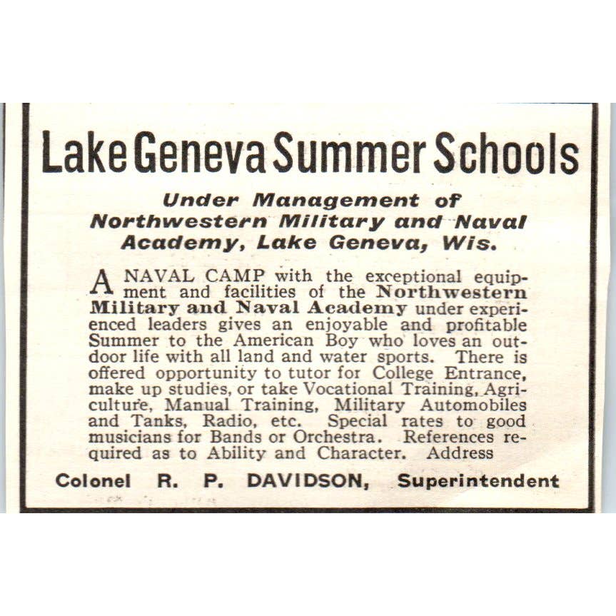 c1920 Harper's Magazine Ad - Lake Geneva Summer Schools Col R.P. Davidson EA3-1