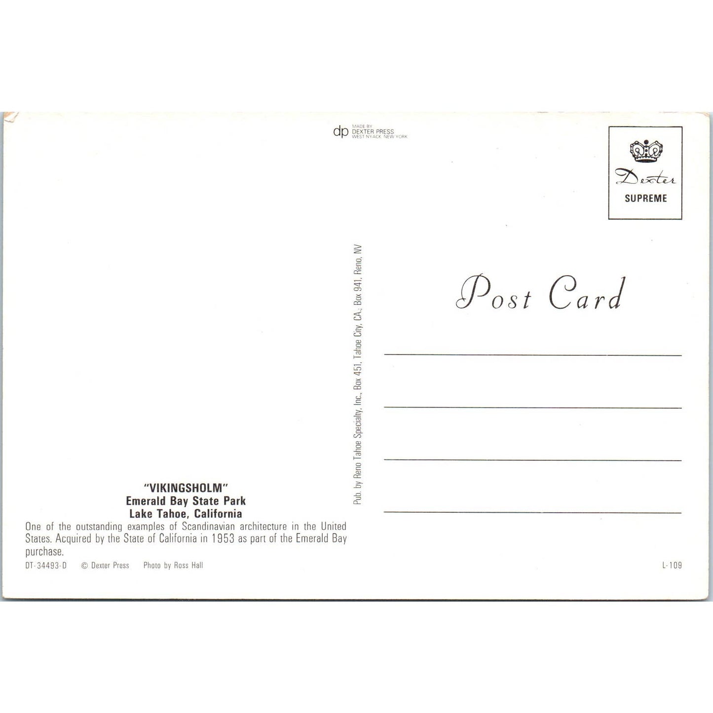 Vintage Postcard Lake Tahoe CA Vikingsholm Emerald Bay State Park EA3