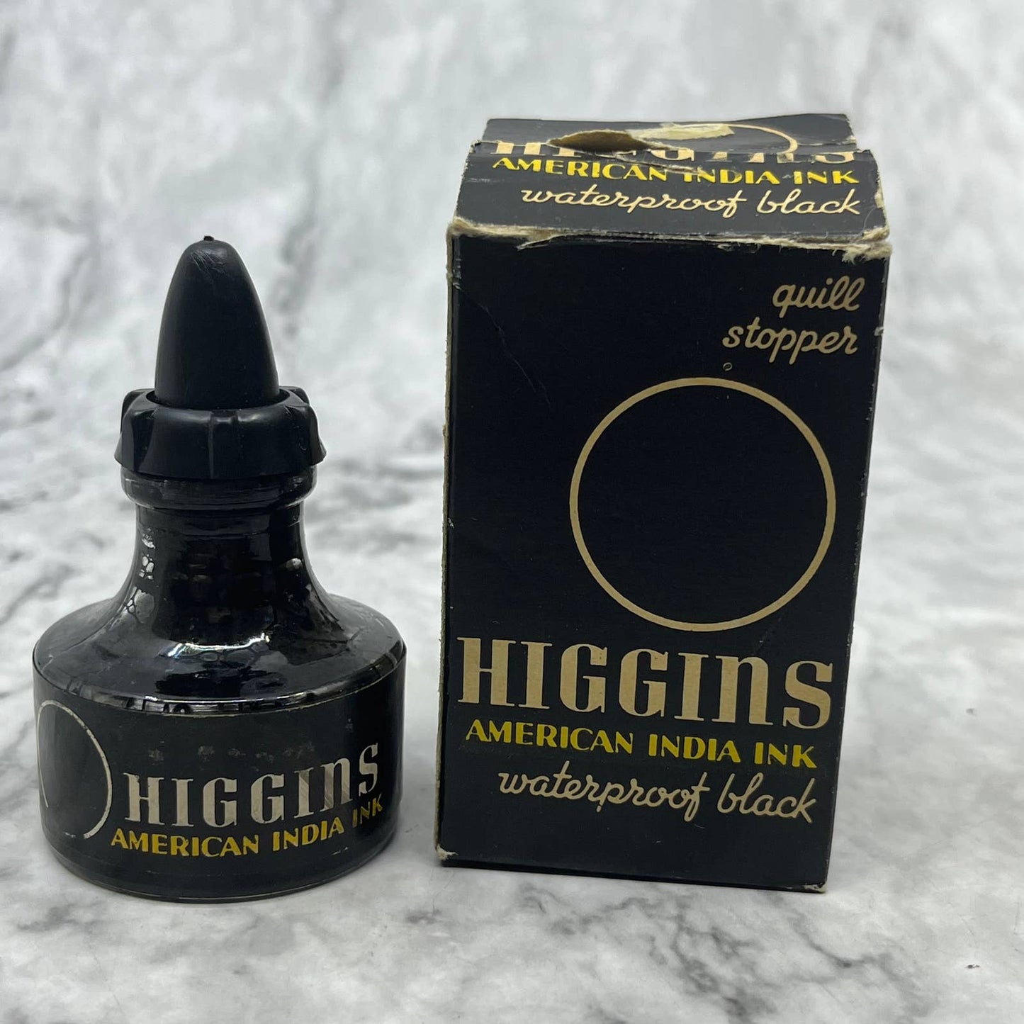 Vintage HIGGINS WATERPROOF INK - 4415 India Black Quill Stopper In Box TC7