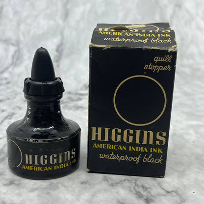 Vintage HIGGINS WATERPROOF INK - 4415 India Black Quill Stopper In Box TC7