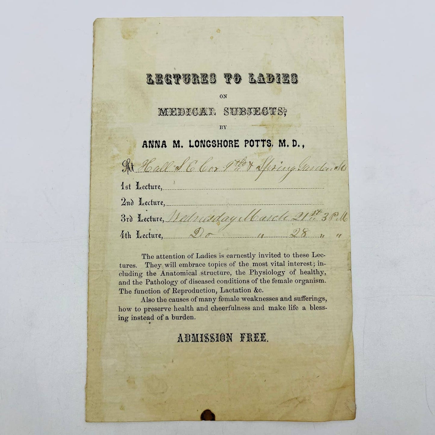 1860s Civil War Era Invitation to “Lectures to Ladies” Anna Longshore Potts D3