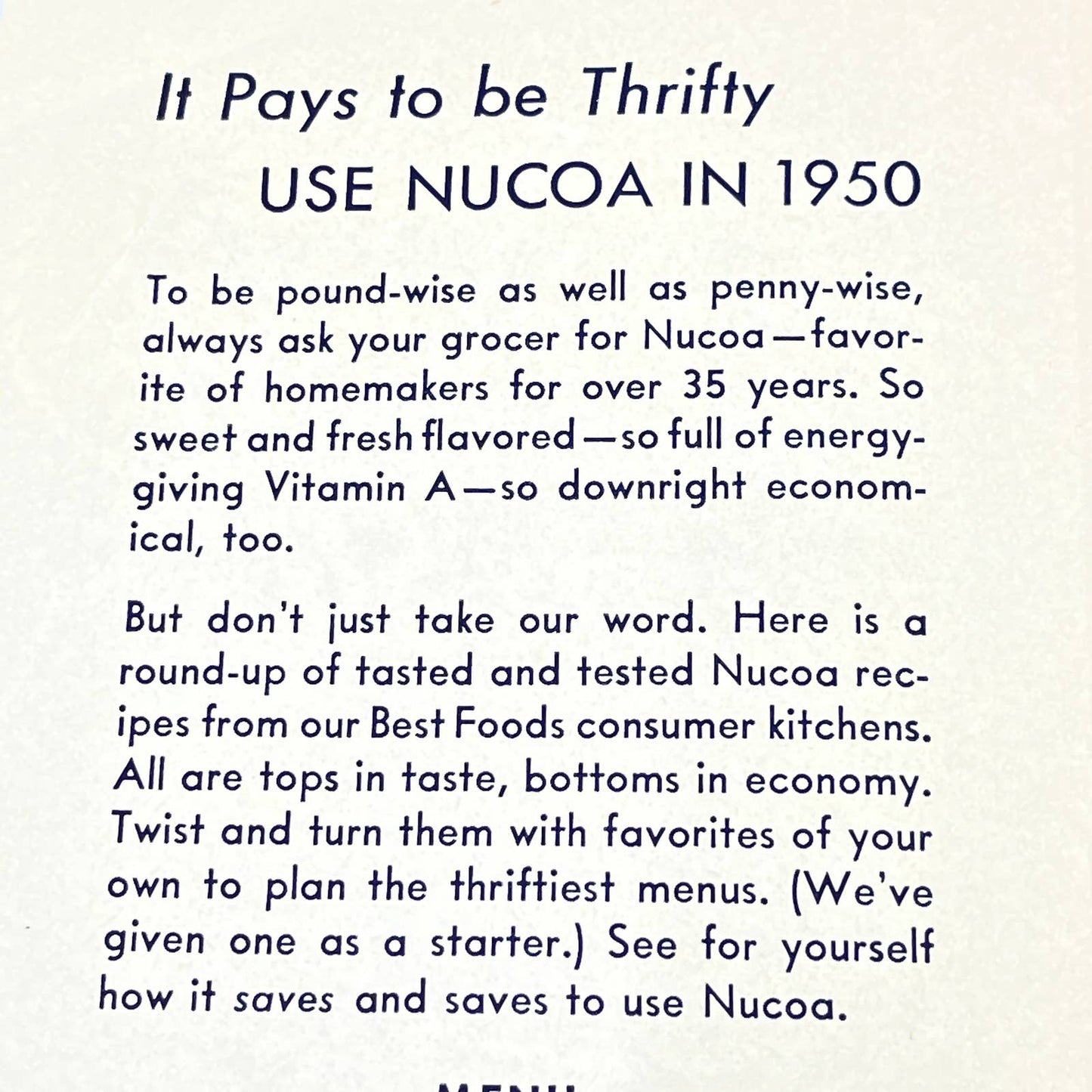 1950 Nucoa's Recipe Roundup  for a Thrifty '50 Recipe Booklet Cookbook AB8