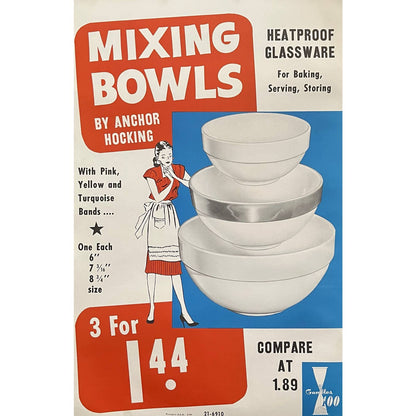 1960 Anchor Hocking Mixing Bowls Gambles 100 Retail Store Display Poster 13.5x20