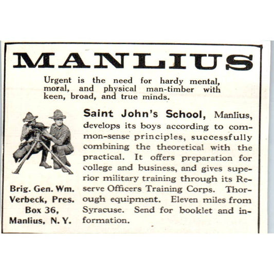 c1920 Harper's Magazine Ad - Manlius Saint John's School Gen Wm Verbeck NY EA3