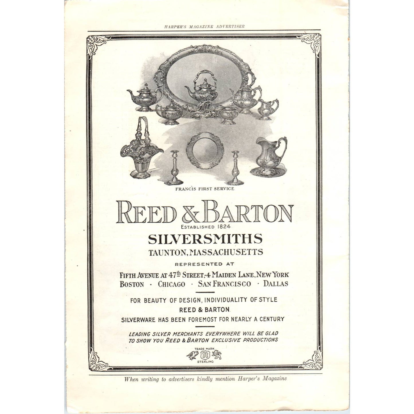 c1920 Harper's Magazine Ad - Reed & Barton Silversmiths Taunton MA TF6-1