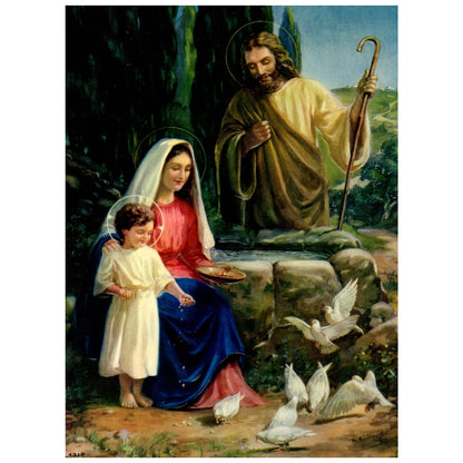 Vintage Print EMBOSSED Jesus Mary and Joseph Feeding Doves ~7.5x10" AC9