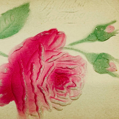 1910s Birthday Post Card Embossed Airbrushed ART NOUVEAU Pink Rose PA5