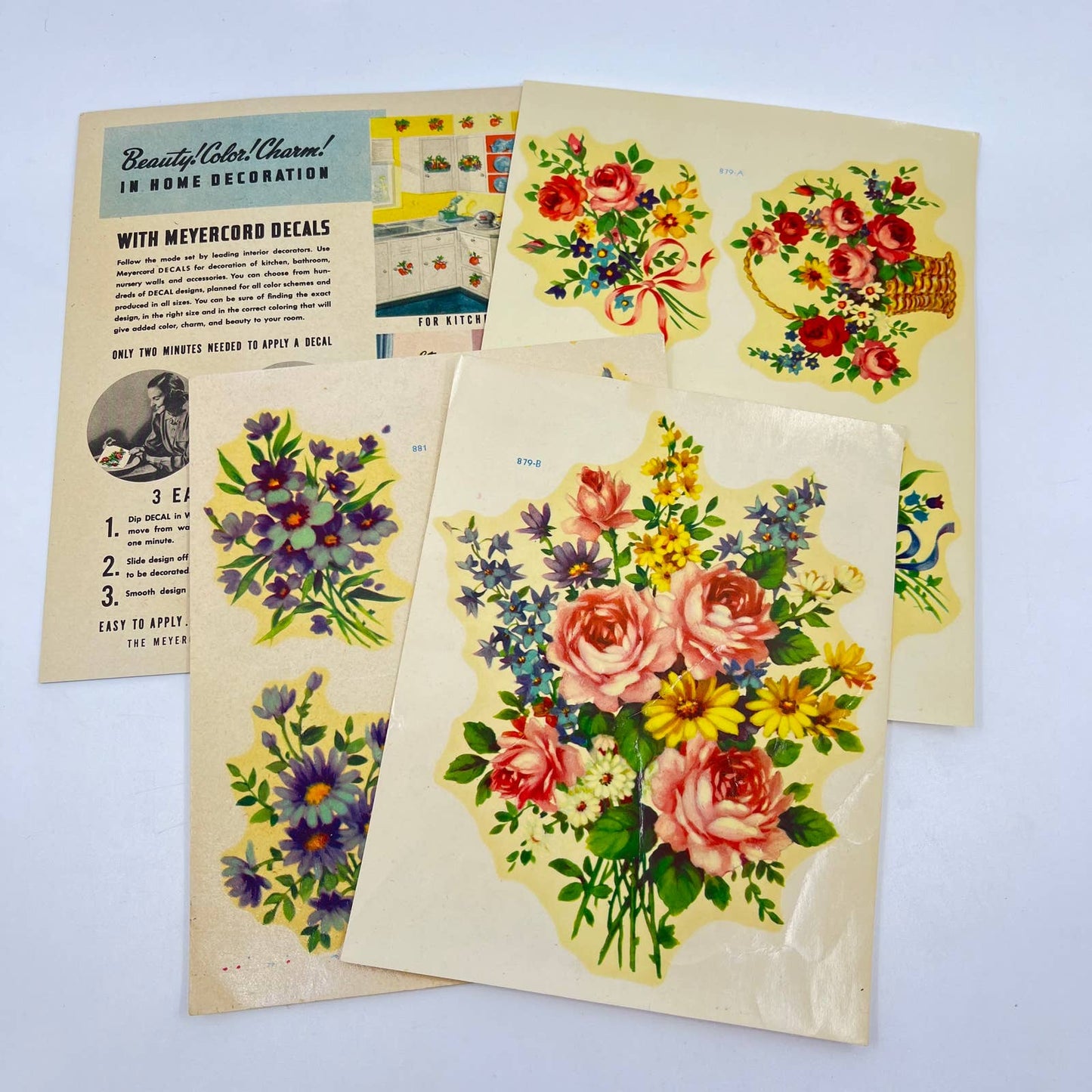 1940s Meyercord Decals Floral Flowers #879-A #879-B 881 AB3