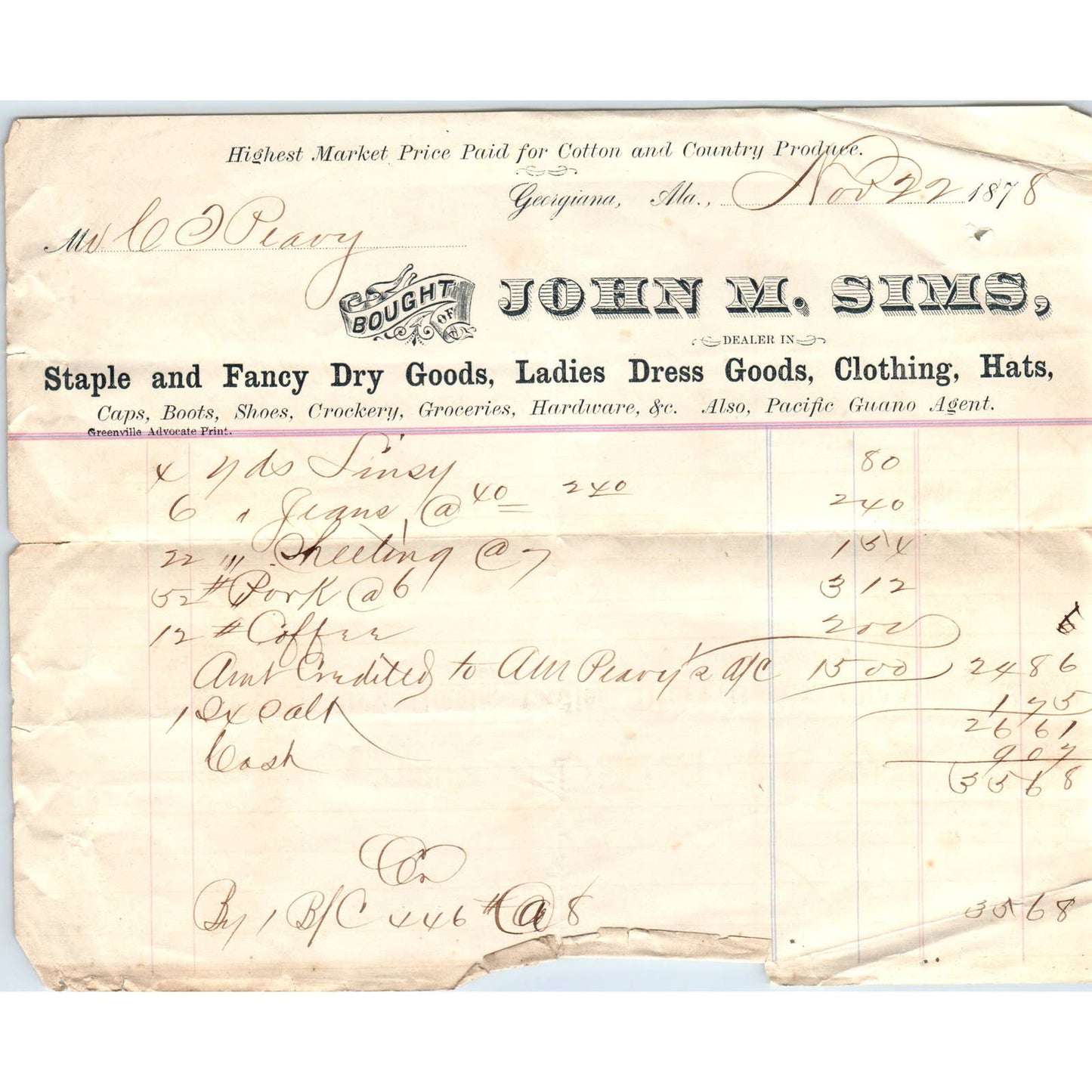 1878 Letterhead Billhead John M. Sims Dry Goods Georgiana AL AD6-7