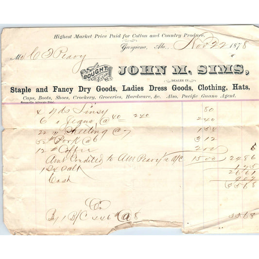 1878 Letterhead Billhead John M. Sims Dry Goods Georgiana AL AD6-7