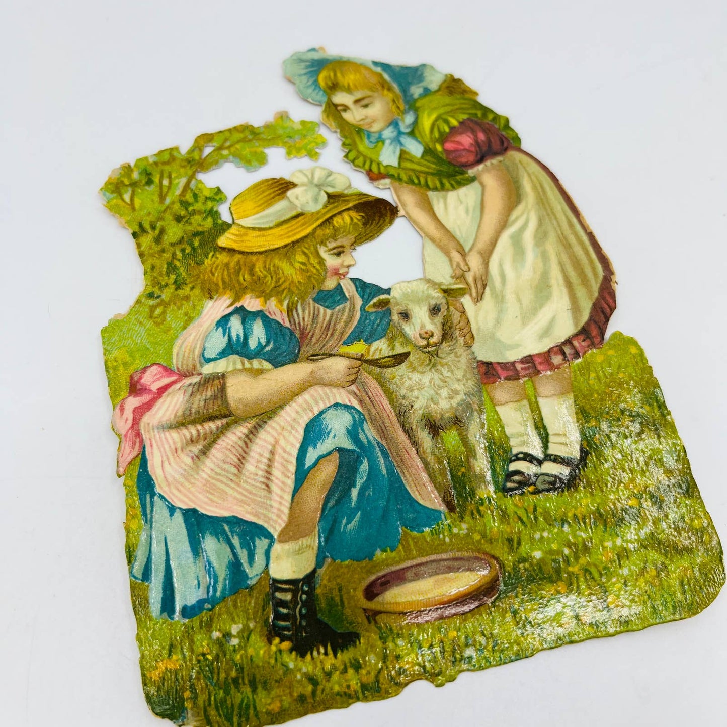 1880s Victorian Die Cut Scrap Little Girls Feeding Lamb 5.5 x 4” AA4