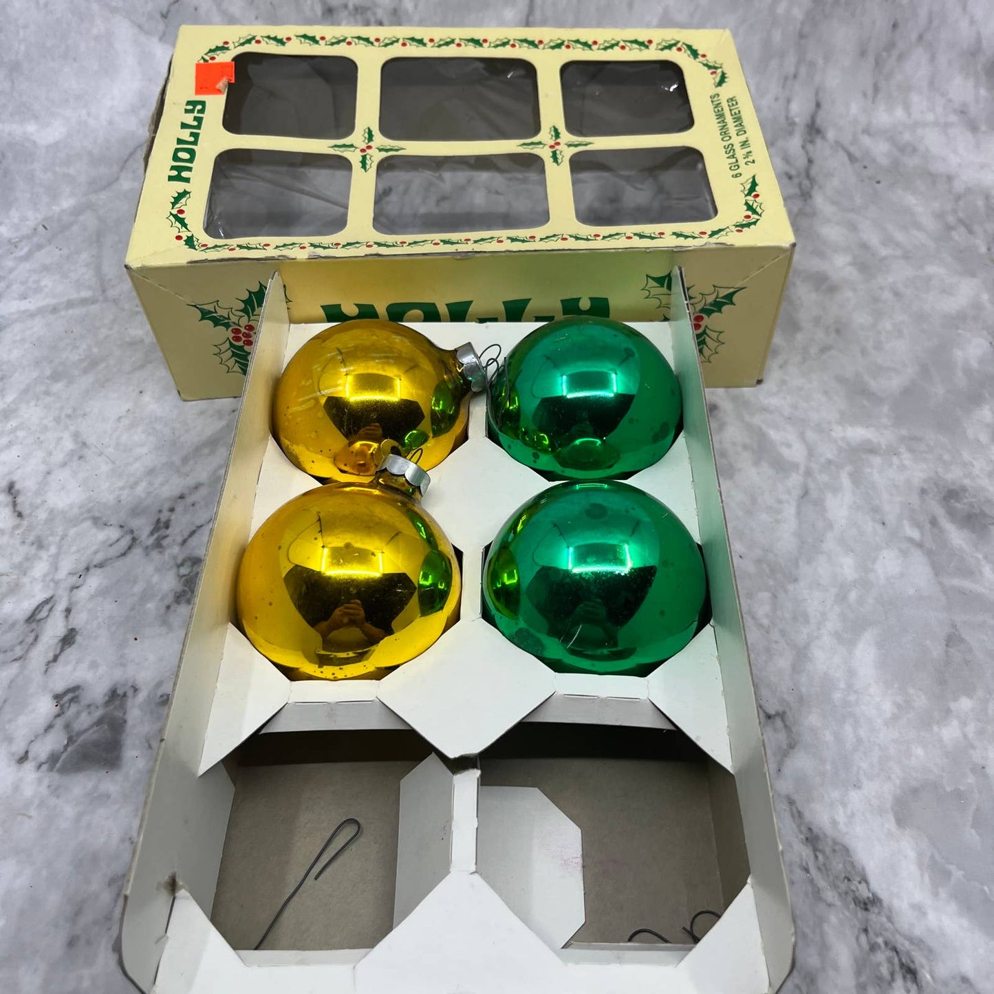 HOLLY 4 Vintage 2 5/8" Mercury Glass Ornaments Original Box Green Gold OT1