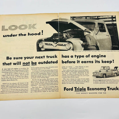 Vintage Advertisement 1955 Ford Triple Economy Trucks Pickup 2 Separate Page AA1