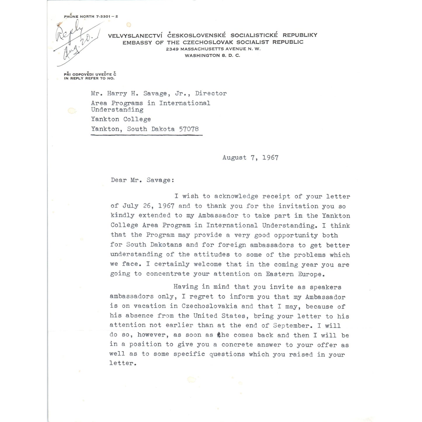 Czechoslovak Embassy Official Letterhead Memo Jaromir Pribyl Aug 7 1967 B15