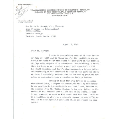 Czechoslovak Embassy Official Letterhead Memo Jaromir Pribyl Aug 7 1967 B15