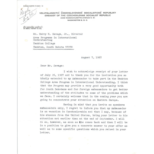Czechoslovak Embassy Official Letterhead Memo Jaromir Pribyl Aug 7 1967 B15
