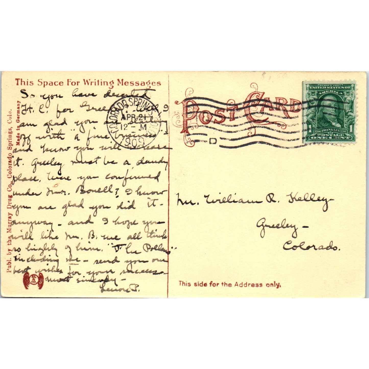 Palmer Hall Colorado College 1909 Colorado Springs Original Postcard TK1-29