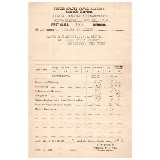 1916 Dec WWI Era US Naval Academy Midshipman JGM Stone Report Card EW Eberle AC9