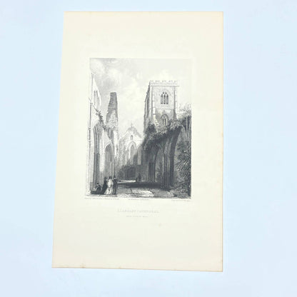 1842 Original Art Engraving Llandaff Cathedral - Nave Looking West AC6