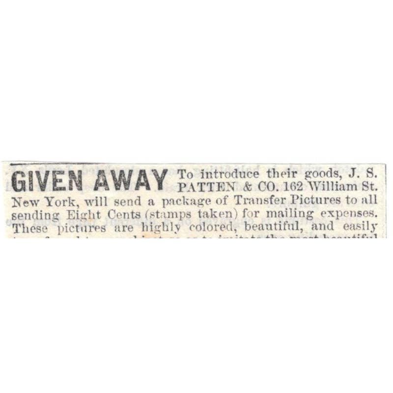 Transfer Pictures - J.S. Patten And Co NY - Ad 1878 Original TJ7-L2-4