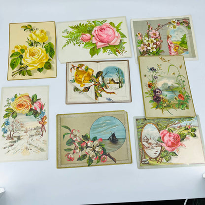 1880s Victorian Embossed Card Scrap Set of 8 Flowers Roses 6” EA2