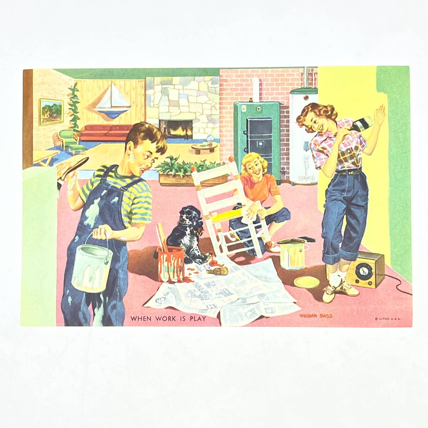 VTG Kitschy Litho Print Boy and Girl Painting Vaughan Bass When Work is Play AC3