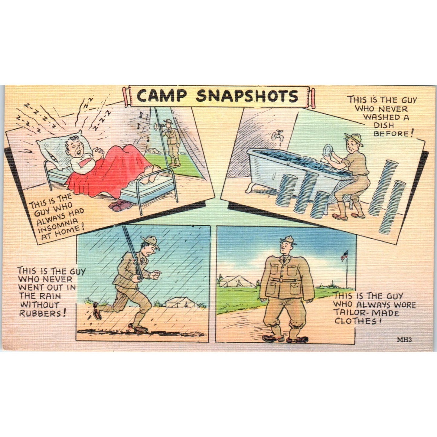 1942 WWII Army Camp Snapshots Humor Cartoon Original Postcard TK1-26-4