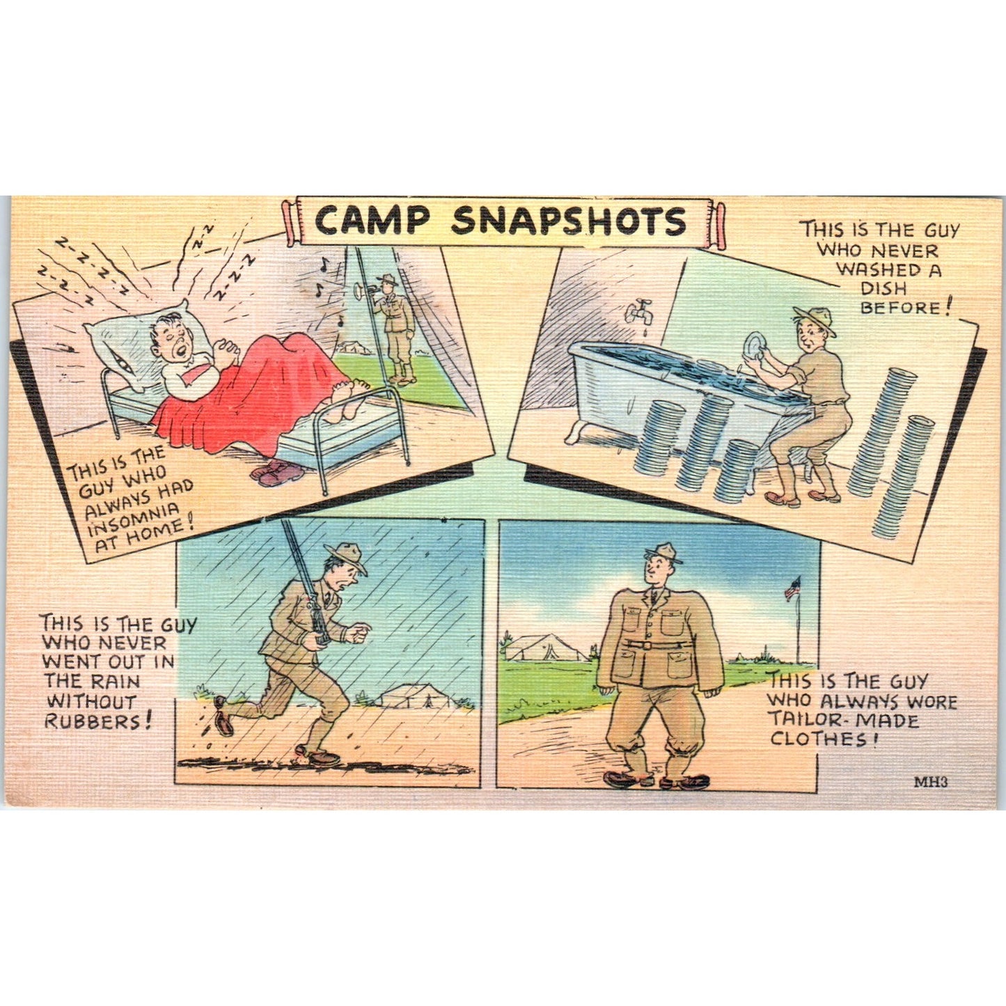 1942 WWII Army Camp Snapshots Humor Cartoon Original Postcard P2-11
