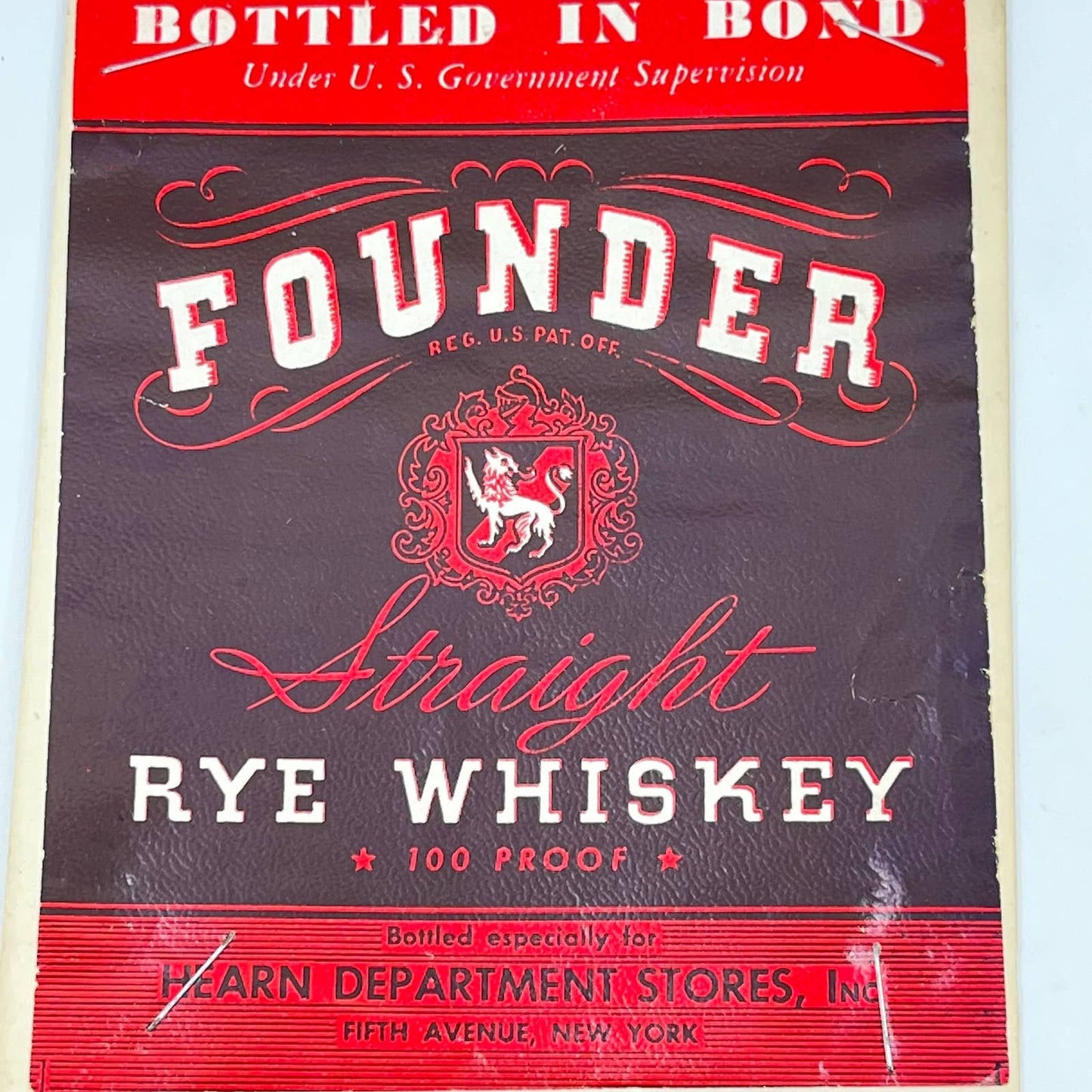 Founder Rye Whiskey Label Hearn Dept. Stores Fifth Ave New York NY