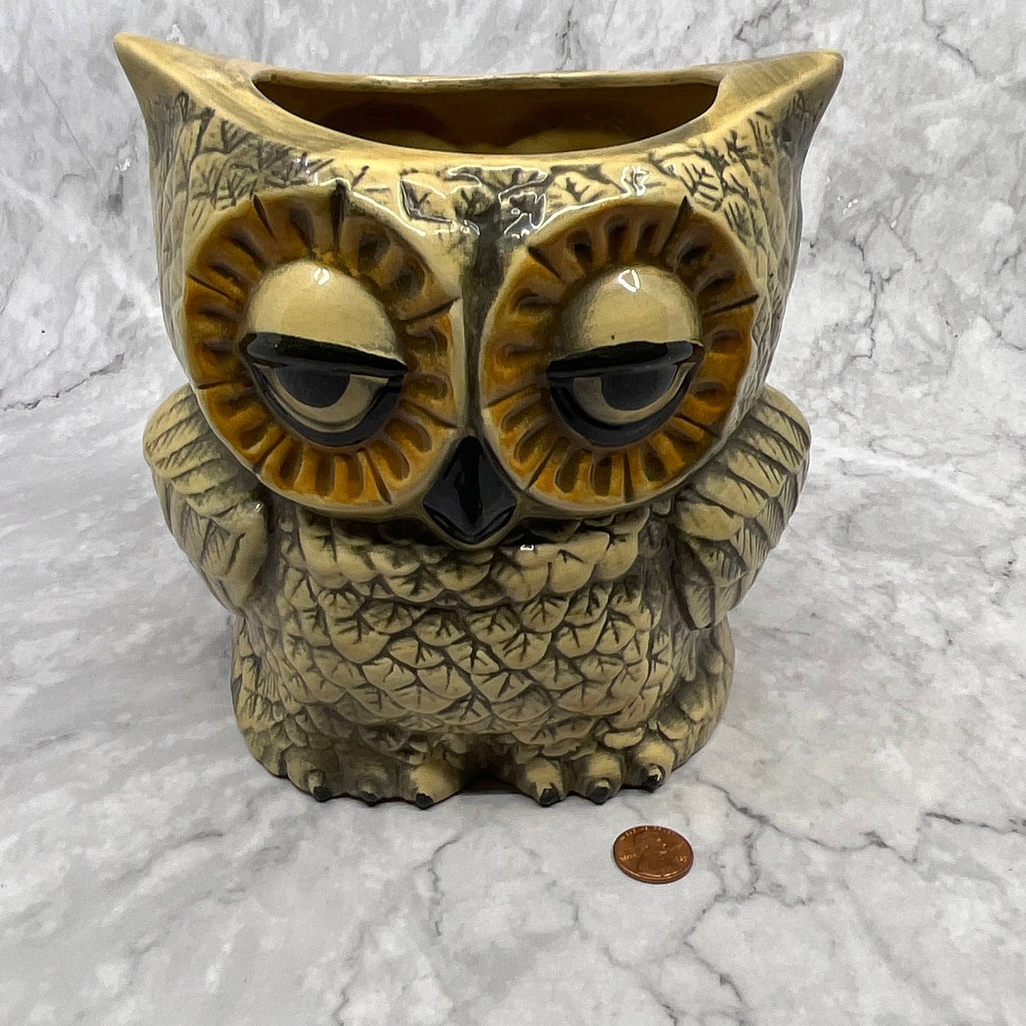 Vtg 1978 Double Sided Owl Ceramic Planter Jar Kitchen Storage Sleepy Eyes 7" TI7