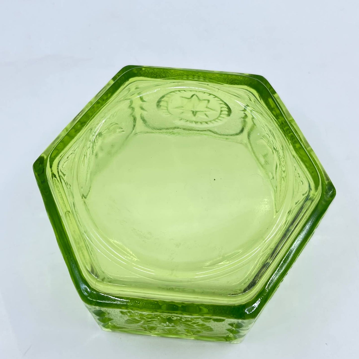 Vintage Green Hexagon Colony Indiana Glass Candy Dish With Eagles & Stars 5” TF5