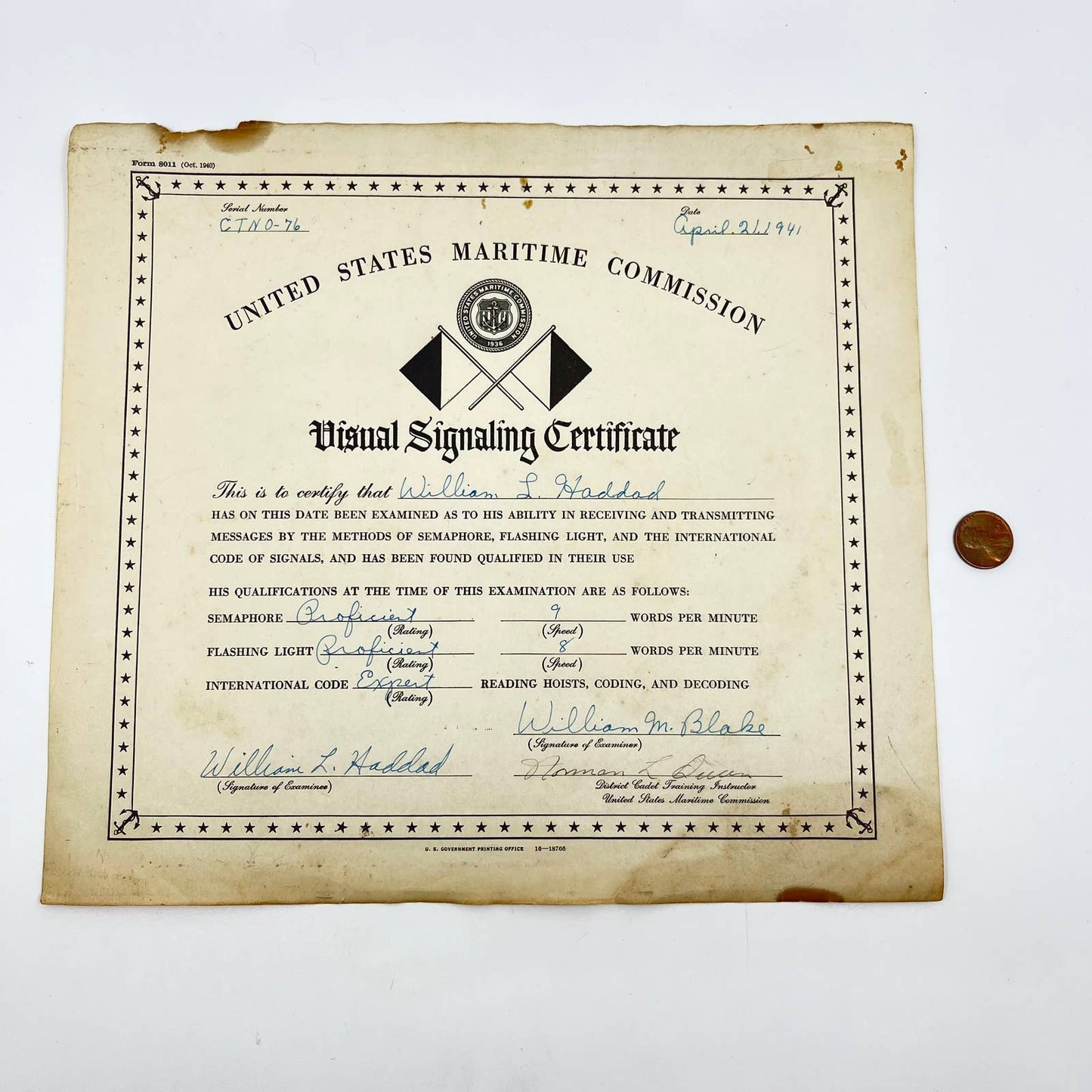 1941 WWII Visual Signaling Certificate William M. Haddad FL3