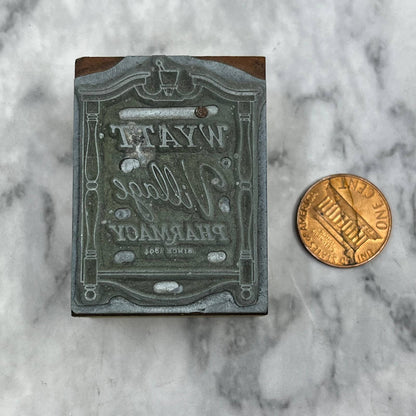 Vintage Printing Letterpress Printers Block Plate Wyatt Village Pharmacy TJ54