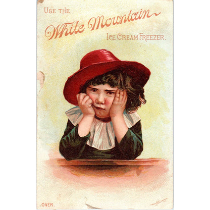 1880s Victorian Trade Card White Mountain Ice-Cream Freezer Girl in Red Hat SE8