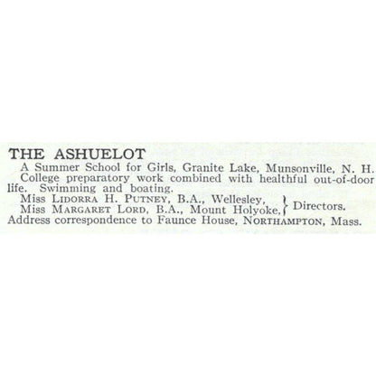 The Ashuelot Girls School Lindorra H. Putney Northampton MA - 1921 Ad TJ7-S6