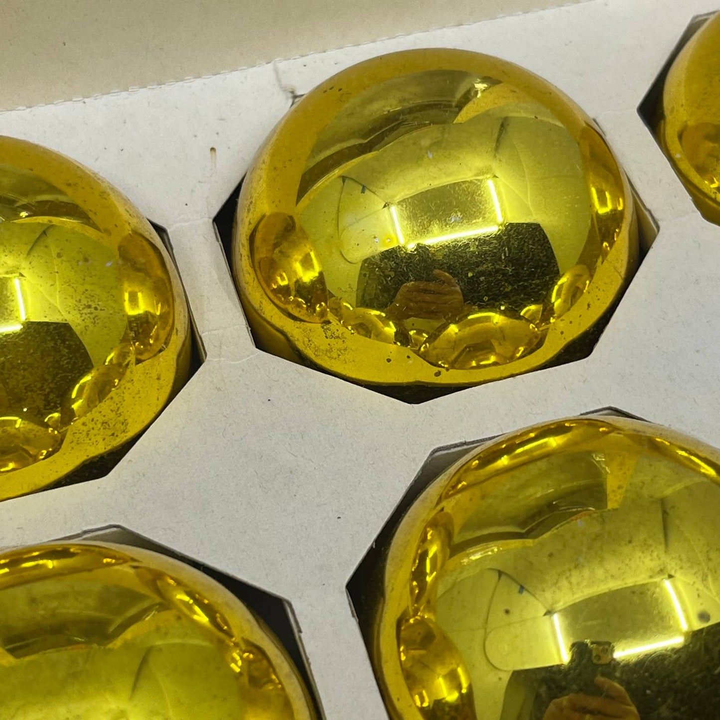 Shiny Brite 12 Vintage 2 5/8" Mercury Glass Ornaments Original Box Gold OT1